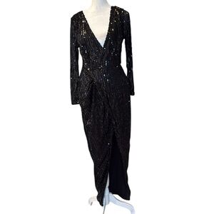 K TOO Woman’s Black Sequin Party Dress with Split V-neck Size Small‎